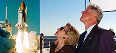 Kennedy Space Center, USA (left) the space shuttle Discovery lifts off from launch pad. President Bill Clinton and Mrs Clinton watch the lift off — AP/PTI