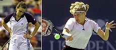 (Left) Corina Morariu of the USA reacts during her 6-2,3-6,6-1 loss to Steffi Graf of Germany at the US Open Tennis Tournament in New York on Tuesday. (Right) Steffi Graf, returns the ball to Morariu.—AP/PTI