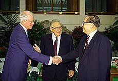 Chinese President Jiang Zemin (right) shakes hands with Cyrus Vance (left) as Henry Kissinger watches at the Diaoyutai State Guesthouse in Beijing on Tuesday. The two former U.S. secretaries of state lead a U.S. China Society delegation to Beijing. AP/PTI