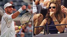 (Left) Andre Agassi of Las Vegas, Nevada, reacts after his win against Gullaume Guillaume Raoux of France, at the U.S. Open Tennis Tournament in New York on Thursday. (right) Actress Brooke Shields cheers for her husband, Andre Agassi, during his match against Raoux.—AP/PTI