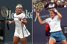 (Left) South Africa's Amanda Coetzer reacts after her 6-4, 4-6, 6-2 upset win against Conchita Martinez of Spain at the US Open in New York on Monday. (Right) Switzerland's Patty Schnyder jubilates after defeating Germany's Steffi Graf on Sunday. — AP/PTI