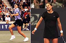 (Left) Top seed Martina Hingis of Switzerland celebrates after defeating 6th seed Monica Seles of the USA at the US Open tennis tournament in New York on Tuesday. Hingis won 6-4, 6-4. (Right) Monica Seles reacts during the match.— AP/PTI