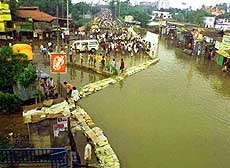 Sand bags have been dumped to prevent flood waters from flowing in southern outskirts of Dhaka on Wednesday. AP/PTI