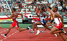Ato Boldon of Trinidad and Tobago leads his competitors on his way to winning the men's 100-meter final during the 16th Commonwealth Games in Kuala Lumpur on Thursday. Boldon clocked 9.88 seconds for the gold. Frankie Fredericks of Namibia (second from left) came into the second in 9.96 while Obadele Thompson of Barbados (1106) came into third in 10.00. AP/PTI