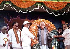 Home Minister L. K. Advani at the golden jubilee celebrations of the liberation of Hyderabad from the Nizam's rule and its merger with the Indian Union in the Andhra Pradesh Assembly on Thursday. 