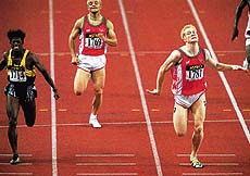 KUALA LUMPUR : Iwan Thomas of Wales (1781) wins the Men's 400m in record time at the 16th Commonwealth Games in Kuala Lumpur on Friday. Thomas set a new Commonwealth Games record with a time of 44:52. Also shown are Jamie Baulch (1769) of Wales and Sugath Thilakaratne (1714) of Sri Lanka. Thilakaratne took the bronze, the first medal for Sri Lanka in 50 years. AP/PTI