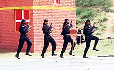 Black Cat commandos racing through a tough battle obstacle course to show their abilities. 