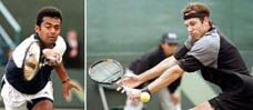 (Left) Leander Paes and right) Britain's Greg Rusedski in action during their Davis Cup singles match at the Nottingham Tennis Centre in Central England on Friday. — AP/PTI.