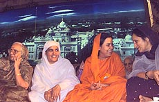 From left: Mrs Suman Krishan Kant, wife of the Vice- President of India, SGPC chief Bibi Jagir Kaur, firebrand leader Uma Bharati and Mrs Surinder Kaur Badal, wife of the Punjab Chief Minister, attending the Mata Sahib Kaur Istri Sammelan on April 11, 1999 at Anandpur Sahib