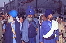 Nihangs, who came to Anandpur Sahib to participate in the tercentenary celebrations, outside Takht Sri Kesgarh Sahib on April 11, 1999
