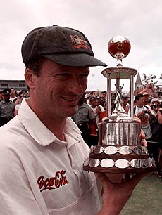 Australia captain Steve Waugh holds up the Frank Worrell trophy 