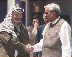 Prime Minister Atal Behari Vajpayee with PLO leader Yasser Arafat