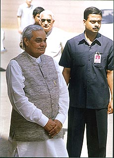 Prime Minister, Mr Atal Behari Vajpayee, arrives at Parliament House on Thursday to move the motion seeking vote of confidence of the Lok Sabha.