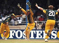Australians celebrating the run out of West Indies batsman Carl Hooper by Ricky Ponting left in the 4th One Day International