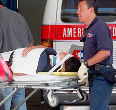 Monica Lewinsky is wheeled into Community Memorial Hospital.
