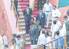 Congress President Sonia Gandhi leaving Red Fort after listening to the Prime Minister’s speech on Independence Day