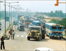A line of blocked vehicles stretches for almost half a kilometre from the railway crossing to Transport Chowk on Monday's hot and humid afternoon. One was left wondering why a time that would cause less inconvenience was not chosen to do the relatively unimportant task of painting zebra stripes
