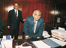 Prof N.K. Ganguli is about to occupy the chair of the Director of the PGI in Kairon Block of the instituite in Chandigarh on Tuesday. Flanking him is the outgoing Director, Prof B.K. Sharma