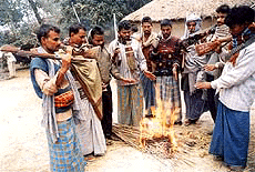 Armed villagers guard Champaran village in Bihar where a series of killings by dacoits and criminals took place recently