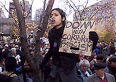 Priya Reddy shouts in protest at a rally staged by the Seattle Police Guild at Westlake Centre in Seattle on Saturday.