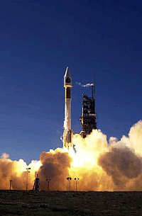 A Lockheed Martin Atlas IIAS rocket lifts off at 10:57 a.m. (PST) from its launch pad at Vandenberg Air Force Base, California on Saturday, with NASA's Terra satellite aboard