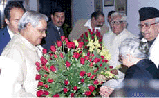 Vice-President Krishan Kant and his wife with former President R. Venkataraman greet Prime Minister Atal Behari Vajpayee on his 75th birthday in New Delhi on Saturday