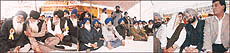 From left: Mr Parkash Singh Badal and Shiromani Akali Dal leaders, (from right): Capt Amarinder Singh and other Congress leaders occupy the dais of the political conference at Fatehgarh Sahib on Monday