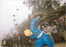 A Nihang Sikh displays his skills during the concluding day of the Jor Mela at Fatehgarh Sahib on Tuesday. — A Tribune photo by Pankaj Sharma.