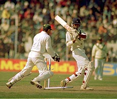 Indian opener S. Ramesh bowled by Pakistani off spinner Saqlain Mustaq 