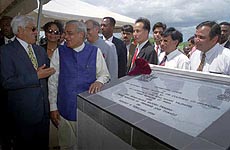 Prime Minister Atal Behari Vajpayee with his Trinidad and Tobago counterpart Basudeo Pandey after laying the foundation stone of the Mahatma Gandhi Cultural Centre at Port of Spain on Monday