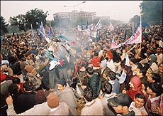 Protesting halwais and bakers being teargassed at the Housing Board roundabout at Chandigarh on Wednesday. The bakers were protesting against the imposition of cess on their products.