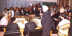 Mr Justice D.V. Sehgal, a former Judge of the Punjab and Haryana High Court, and Mrs Reva Gandhi, a social worker, preside over the permanent Lok Adalat that started functioning at the High Court premises on Monday. — A Tribune photograph