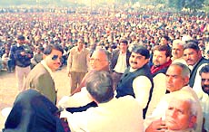 Haryana Sarvajati Morcha leaders Ashwini Chopra, O.P. Jindal, Arvind Sharma, Raghu Yadav and others during a rally at Rao Tularam Park in Rewari on Thursday — PTI
