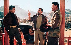 Naseruddin Shah, Paresh Rawal and Danny Denzongappa on the sets of China Gate