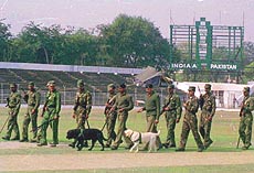 Dog squad of the Border Security Force making a routine check of the Roop Singh Stadium ground on Friday on the eve of the three-day cricket match between India (A) and Pakistan