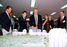 US Ambassador to India Richard Celestie along with a delegation of leading US corporates, who visited the International tech park at Whitefield in Bangalore on Friday, being shown a model of the park. 