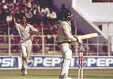 Pakistan's Inzamam-ul-Haq is bowled by Laxmi Rattan Shukla