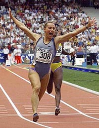 Ukranian athlete Zhanna Pintusevich wins the 100m in 10'97 " at the Saint Denis International Track and Field Meeting, north of Paris on Saturday 