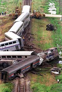The wreckage of an Amtrak train