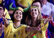 Brazil's supporters cheer their team prior to an America's Cup semifinal soccer game against Mexico in Ciudad del Este, Paraguay, on Wednesday