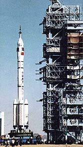 The Chinese space program's CZ-2F rocket is seen at the Jiuquan space centre in the Gobi Desert in this undated picture