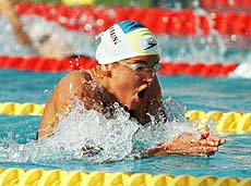Ukranian Jana Klochkova competes in the Womens' 400 meter medley final during the 24th European Swimming Championship in Istanbul Monday July 26, 1999. Klochkova broke the European record with 4.38.14 and won the gold medal