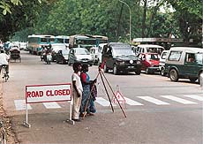 A view of the traffic jam near the Sectors 22 and 23 traffic lights due to the partial closure of the road for painting the road signs in Chandigarh on Tuesday.