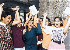 These girls are full of jubilation after going through the CBSE Class X results in Chandigarh on Monday