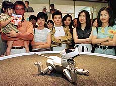 Sony Corp.'s entertainment pet robot AIBO strikes a pose in front of curious onlookers at Sony showroom in Tokyo. The Japanese electronics giant announced that the local sales of 3,000 robot dogs through Internet was done in 20 minutes despite its steep price of 250,000 yen ($2,072) per unit. 
