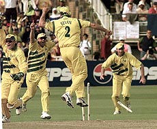 The Australian team celebrate their win over South Africa in the Cricket World cup at Edgbaston 17 June 1999.