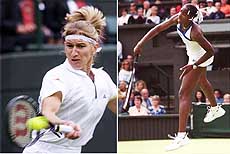 Germany's Steffi Graf & America's Venus Williams in action during their singles matches at Wimbledon 