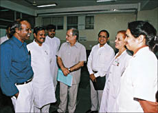 The Union Health Minister of State for Health and Family Welfare (extreme left), interacts with members of the staff of the GMCH at the opening of the new OPD block at the GMCH, Sector 32, on Tuesday.