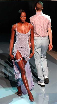 British supermodel Naomi Campbell on parade during the Versace's men's Spring/Summer 2000 fashion collection that was presented in Milan on Sunday.