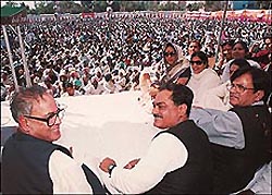 AICC General Secretary, Mr Pranab Mukerjee (left) with Mr venod sharma, President, Chandigarh Territorial Congress (centre) and Mr Ahmed Patel, Treasurer, AICC (right) at the public meeting in chandigarh on Sunday. — A Tribune photo by Pankaj Sharma